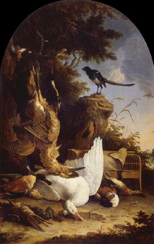 REMBRANDT Harmenszoon van Rijn A hunter-s Bag near a tree stump with a magpie,known as the contemplative Magpie Germany oil painting art